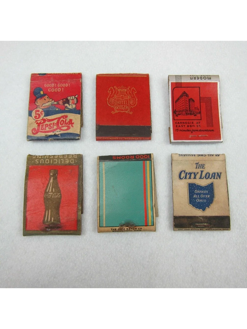 6 Vintage Matchbook Covers Pepsi Cola Double Dot Coca Cola Hotel Rieger Bolton